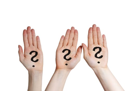 three hands with question marks on it, isolated