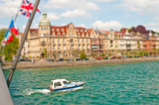 Lake Constance,Constance,motorboat with city promenade in tilt-shift view