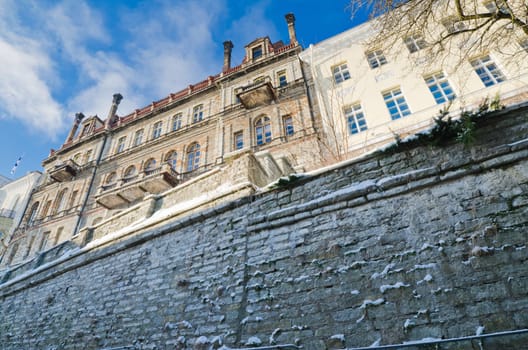The facade of the historic building in Tallinn frosty morning
