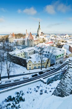 A view over the rooftops of old Tallinn frosty morning