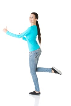 Happy student girl running, isoalated on white background