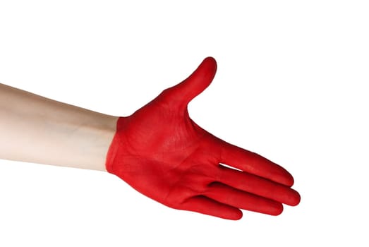 a red painted hand in handshake gesture, isolated