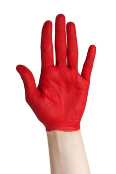 a red painted hand symbolizing signal or happiness