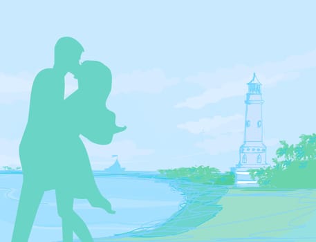 silhouette couple on tropical beach on lighthouse background