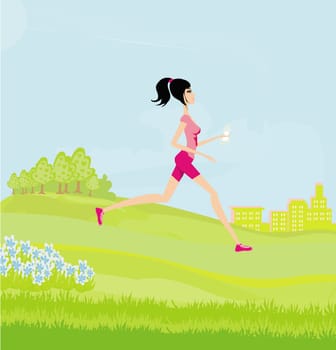Jogging girl in summer on rural landscape
