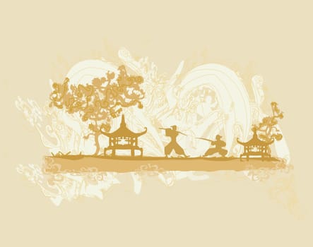 old paper with Samurai silhouette on Asian landscape