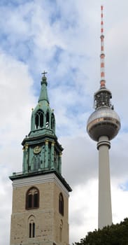 St. Mary's Church (German as the Marienkirche) and TV tower in central Berlin, Germany.