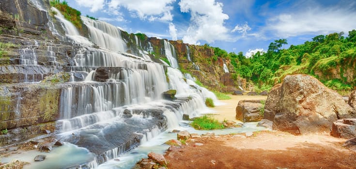 Beautiful Pongour waterfall in Vietnam. Panorama