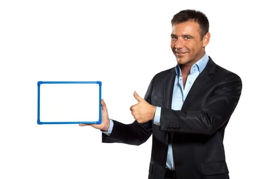 one caucasian business man holding showing whiteboard in studio isolated on white background
