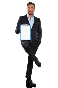 one caucasian business man holding showing whiteboard full length in studio isolated on white background