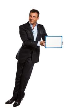 one caucasian business man  jumping holding showing whiteboard in studio isolated on white background