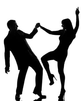 one caucasian couple man and woman dancing rock in studio silhouette isolated on white background