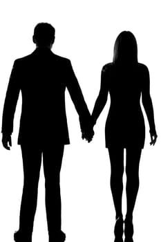 one lovers caucasian couple man and woman standing hand in hand in studio silhouette isolated on white background