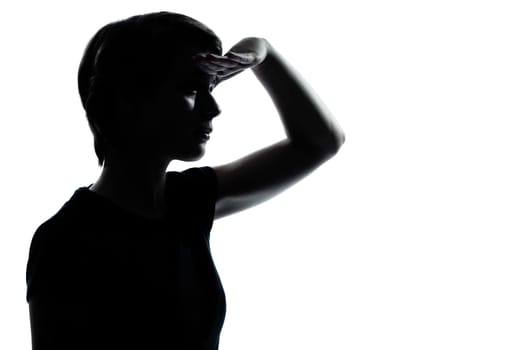 one caucasian young teenager silhouette girl  looking foward  portrait in studio cut out isolated on white background