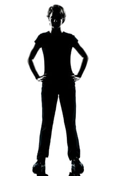 one caucasian young teenager silhouette boy or girl standing hands on hips full length in studio cut out isolated on white background