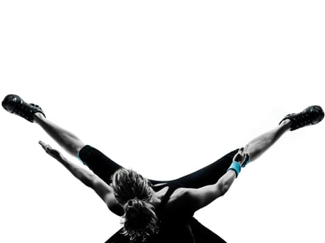 one woman exercising workout fitness aerobic exercise abdominals push ups posture on studio isolated white background