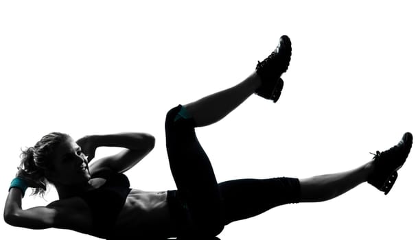 one woman exercising workout fitness aerobic exercise abdominals push ups posture on studio isolated white background
