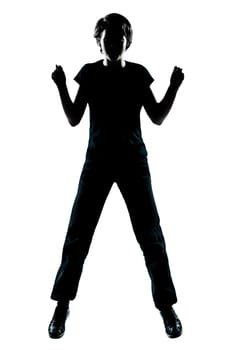 one caucasian young teenager silhouette boy or girl happy jumping g full length in studio cut out isolated on white background