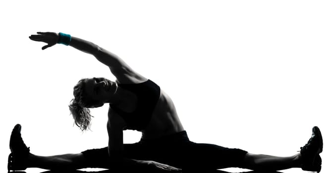 one woman exercising workout fitness aerobic exercise abdominals stretching posture on studio isolated white background