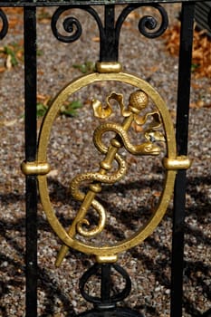 Aesculapius' staff in a wrought-iron fence at the Nieheim cemetery