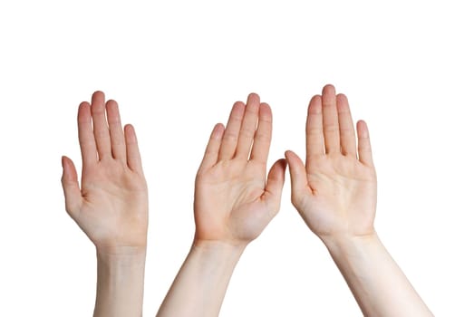 three hands holding up, isolated