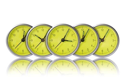 Row of green clocks on the white background