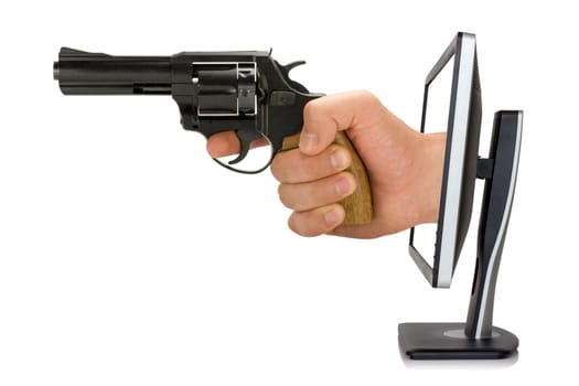Computer monitor and hand with gun, isolated on white background