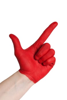 a red painted hand showing a checked gesture, isolated