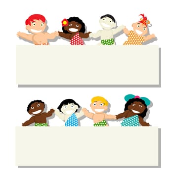 Babies of different ethnicity holding banner, isolated objects on white background