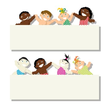 Set of babies of different ethnicity with banner, isolated objects on white background