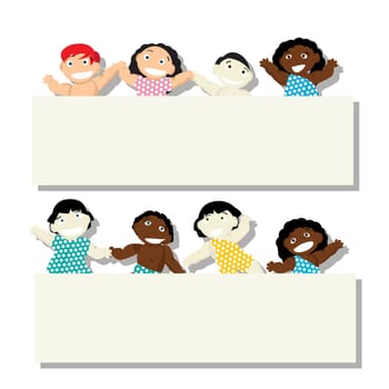 New born babies of different ethnicity with banner, isolated objects on white background