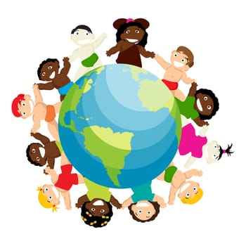 Conceptual anti-racicsm illustration with new born babies of different ethnicitiy arround the globe