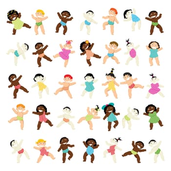 Large collection of multiracial babies over white background