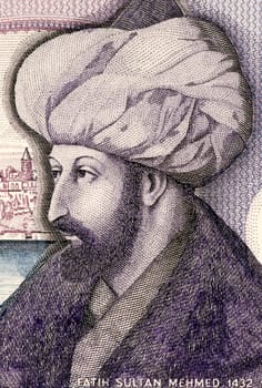 Mehmed the Conqueror (1432-1481) on 1000 Lira 1986 Banknote from Turkey. Sultan of the Ottoman Empire during 1444-1446 and 1451-1581.