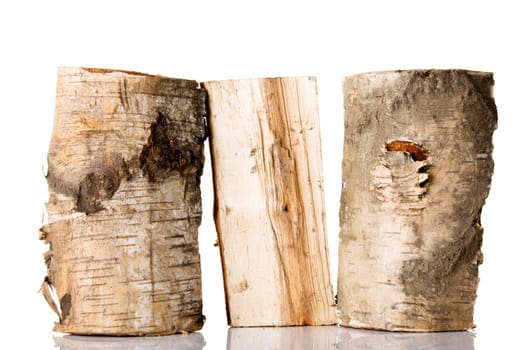 Cut log fire wood from birch-tree. Isolated on white.