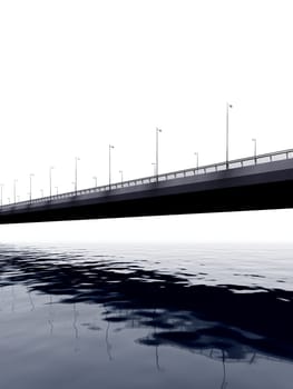 Illustration of a bridge spanning a foggy waterway