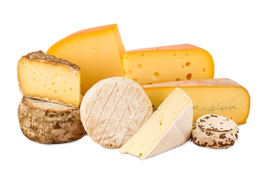 Different cheeses on white background