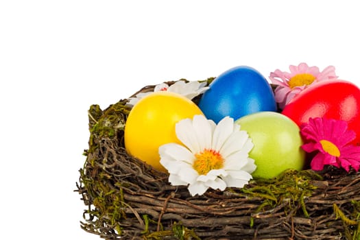Easter basket with eggs on white background