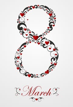 8 march Women's Day card with heart and floral swirls elements. Vector file layered for easy manipulation and coloring.