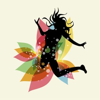 Happy jumping woman with transparent spring elements. EPS10 file version. This illustration contains transparencies and is layered for easy manipulation and custom coloring