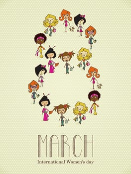 Different cultures women in 8 march Woman Day greeting card. Vector file layered for easy manipulation and coloring.