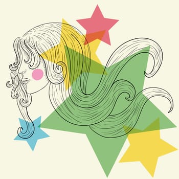 Hand drawn woman face sketch with transparent stars. EPS10 file version. This illustration contains transparencies and is layered for easy manipulation and custom coloring