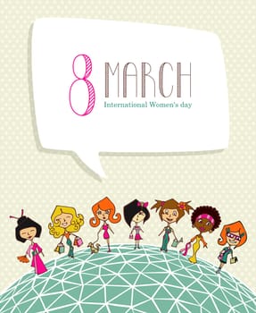 Different cultures women in 8 march Woman Day greeting card. Vector file layered for easy manipulation and coloring.