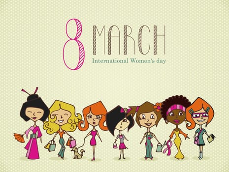 Different cultures women in 8 march Woman Day greeting card. Vector file layered for easy manipulation and coloring.