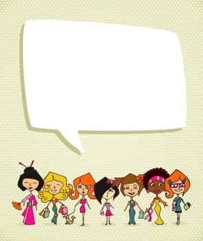 Different cultures women in 8 march Woman Day greeting card. Vector file layered for easy manipulation and coloring.