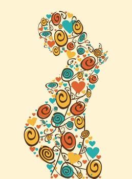 Spring pregnant woman flowers and hearts silhouette background. Vector file layered for easy manipulation and coloring.