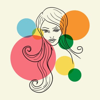 Long hair Woman profile sketch with transparent bubbles. EPS10 file version. This illustration contains transparencies and is layered for easy manipulation and custom coloring