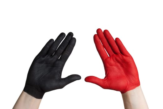 a black and a red painted hand, isolated on white