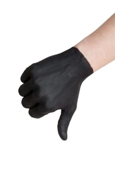 a black painted hand showing a thumb down gesture, isolated