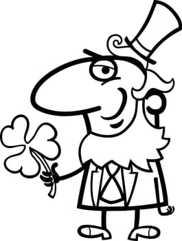 Black and White Cartoon Illustration of Happy Leprechaun with Clover or Trefoil on St Patricks Day Holiday for Coloring Book